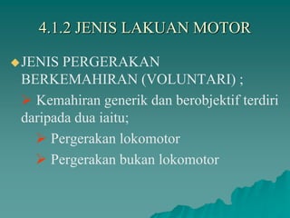 4.1.2 JENIS LAKUAN MOTOR
JENIS PERGERAKAN
BERKEMAHIRAN (VOLUNTARI) ;
 Kemahiran generik dan berobjektif terdiri
daripada dua iaitu;
 Pergerakan lokomotor
 Pergerakan bukan lokomotor
 