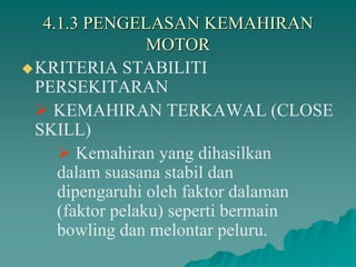 4.1.3 PENGELASAN KEMAHIRAN
MOTOR
KRITERIA STABILITI
PERSEKITARAN
 KEMAHIRAN TERKAWAL (CLOSE
SKILL)
 Kemahiran yang dihasilkan
dalam suasana stabil dan
dipengaruhi oleh faktor dalaman
(faktor pelaku) seperti bermain
bowling dan melontar peluru.
 