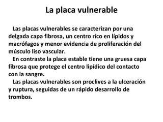 La placa vulnerable Las placas vulnerables se caracterizan por una delgada capa fibrosa, un centro rico en lípidos y macrófagos y menor evidencia de proliferación del músculo liso vascular.  En contraste la placa estable tiene una gruesa capa fibrosa que protege el centro lipídico del contacto con la sangre.  Las placas vulnerables son proclives a la ulceración y ruptura, seguidas de un rápido desarrollo de trombos.  