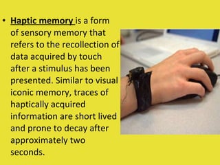 Haptic memory   is a form of sensory memory that refers to the recollection of data acquired by touch after a stimulus has been presented. Similar to visual iconic memory, traces of haptically acquired information are short lived and prone to decay after approximately two seconds. 
