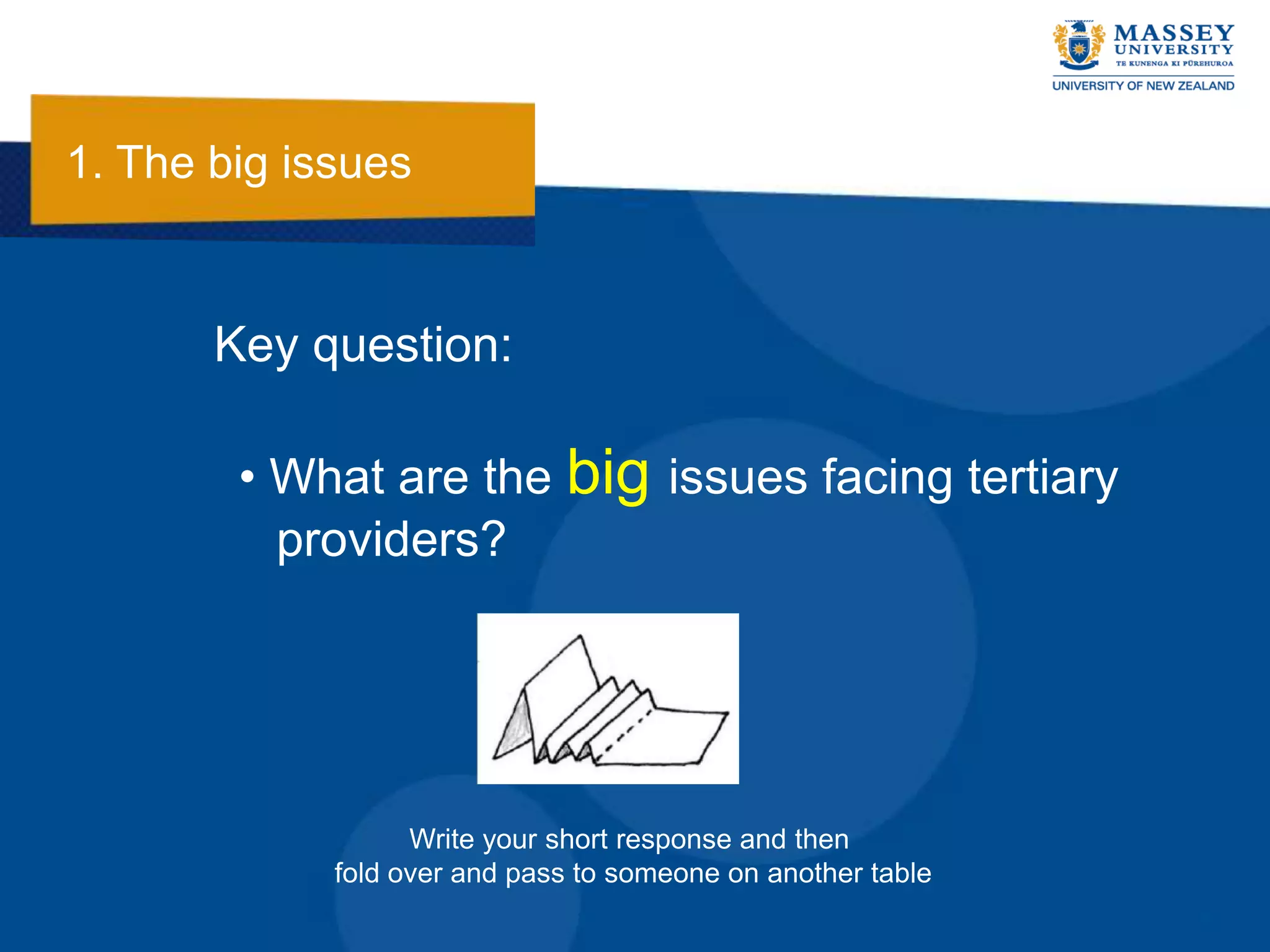 1. The big issues


       Key question:

        • What are the big issues facing tertiary
          providers?




                   Write your short response and then
             fold over and pass to someone on another table
 