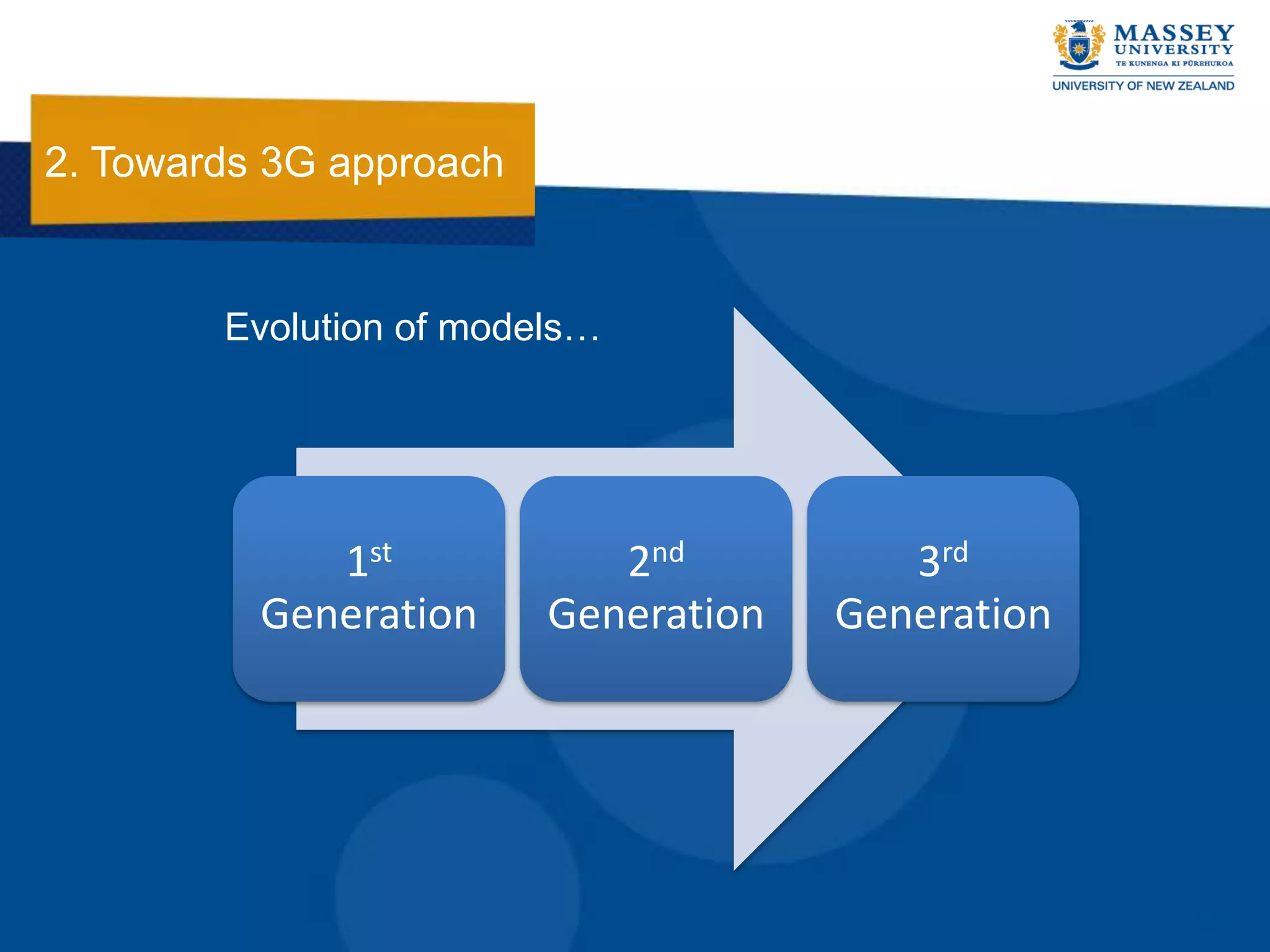 2. Towards 3G approach


        Evolution of models…




             1st            2nd          3rd
          Generation     Generation   Generation
 