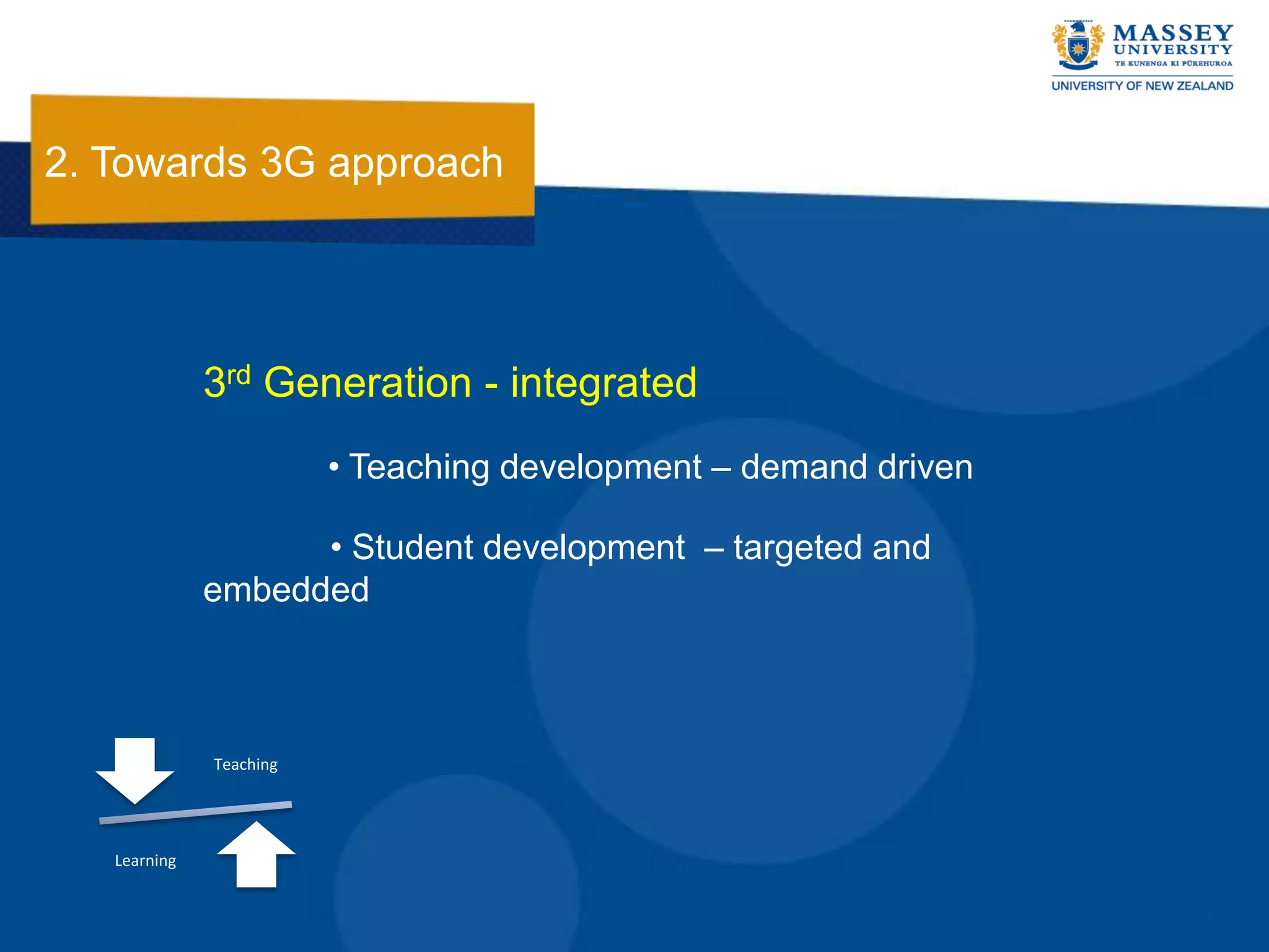 2. Towards 3G approach




              3rd Generation - integrated
                         • Teaching development – demand driven

                    • Student development – targeted and
              embedded



              Teaching




   Learning
 