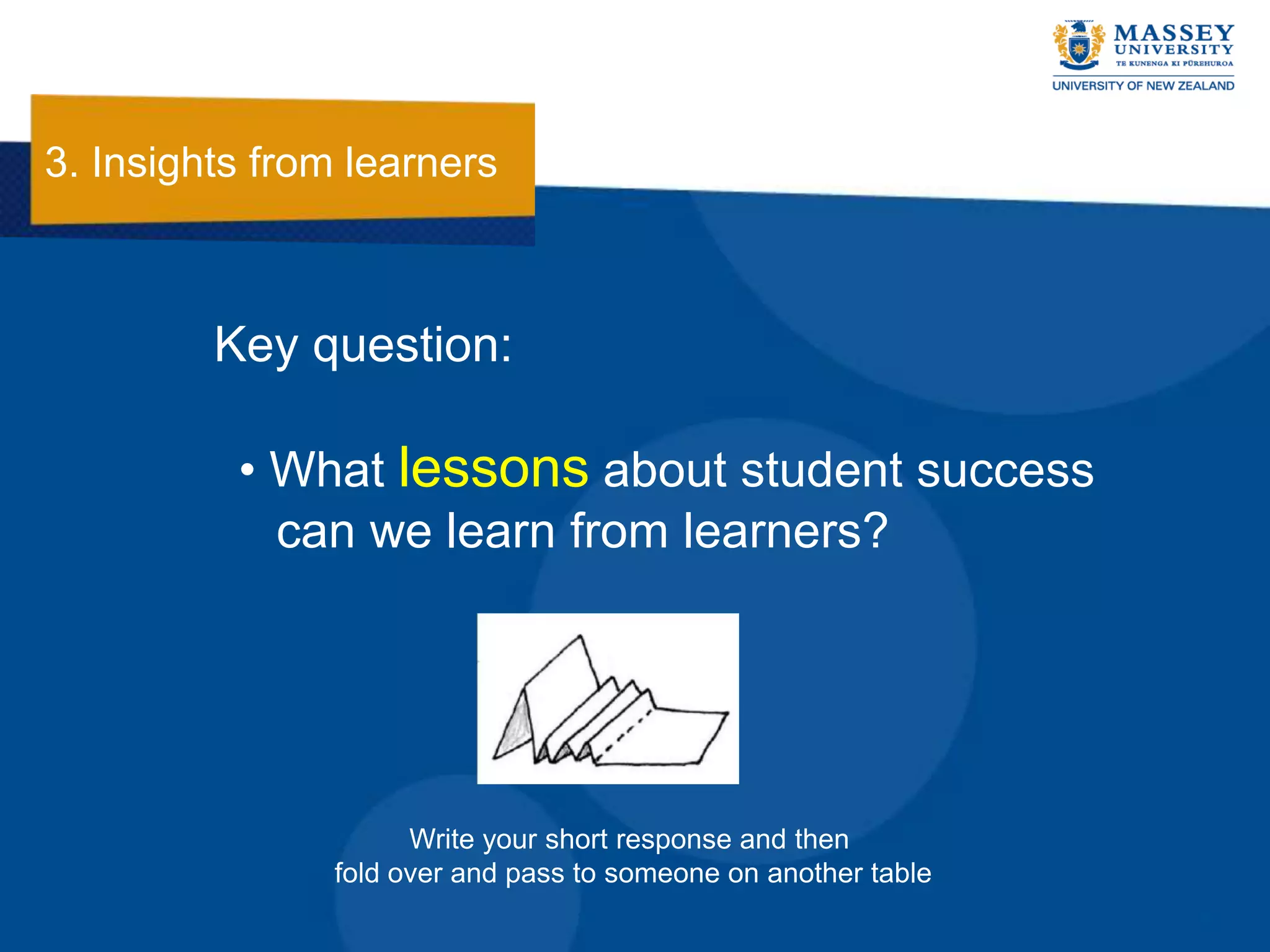 3. Insights from learners



         Key question:

          • What lessons about student success
            can we learn from learners?




                     Write your short response and then
               fold over and pass to someone on another table
 