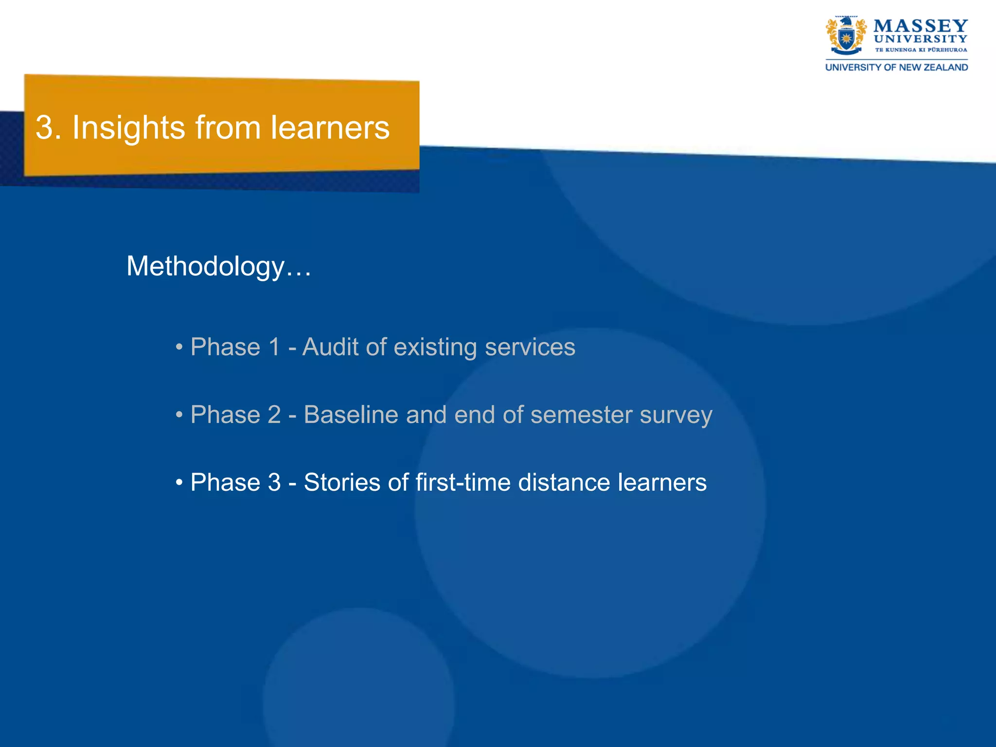 3. Insights from learners



      Methodology…

         • Phase 1 - Audit of existing services

         • Phase 2 - Baseline and end of semester survey

         • Phase 3 - Stories of first-time distance learners
 