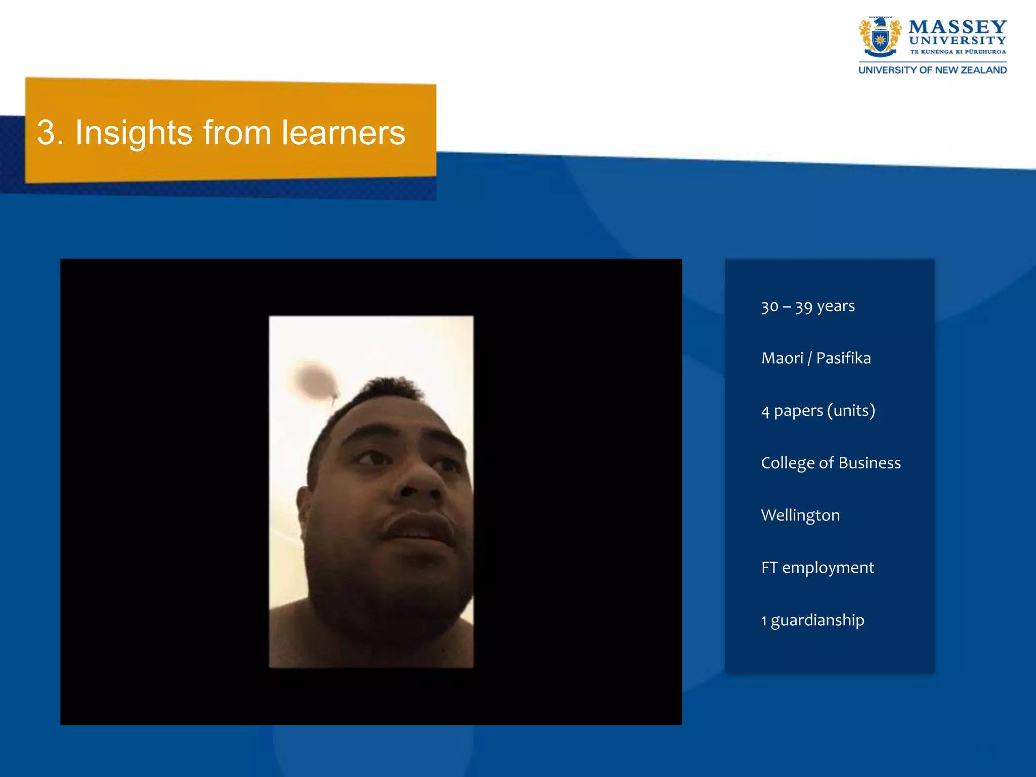 3. Insights from learners



                            30 – 39 years


                            Maori / Pasifika


                            4 papers (units)


                            College of Business


                            Wellington


                            FT employment


                            1 guardianship
 