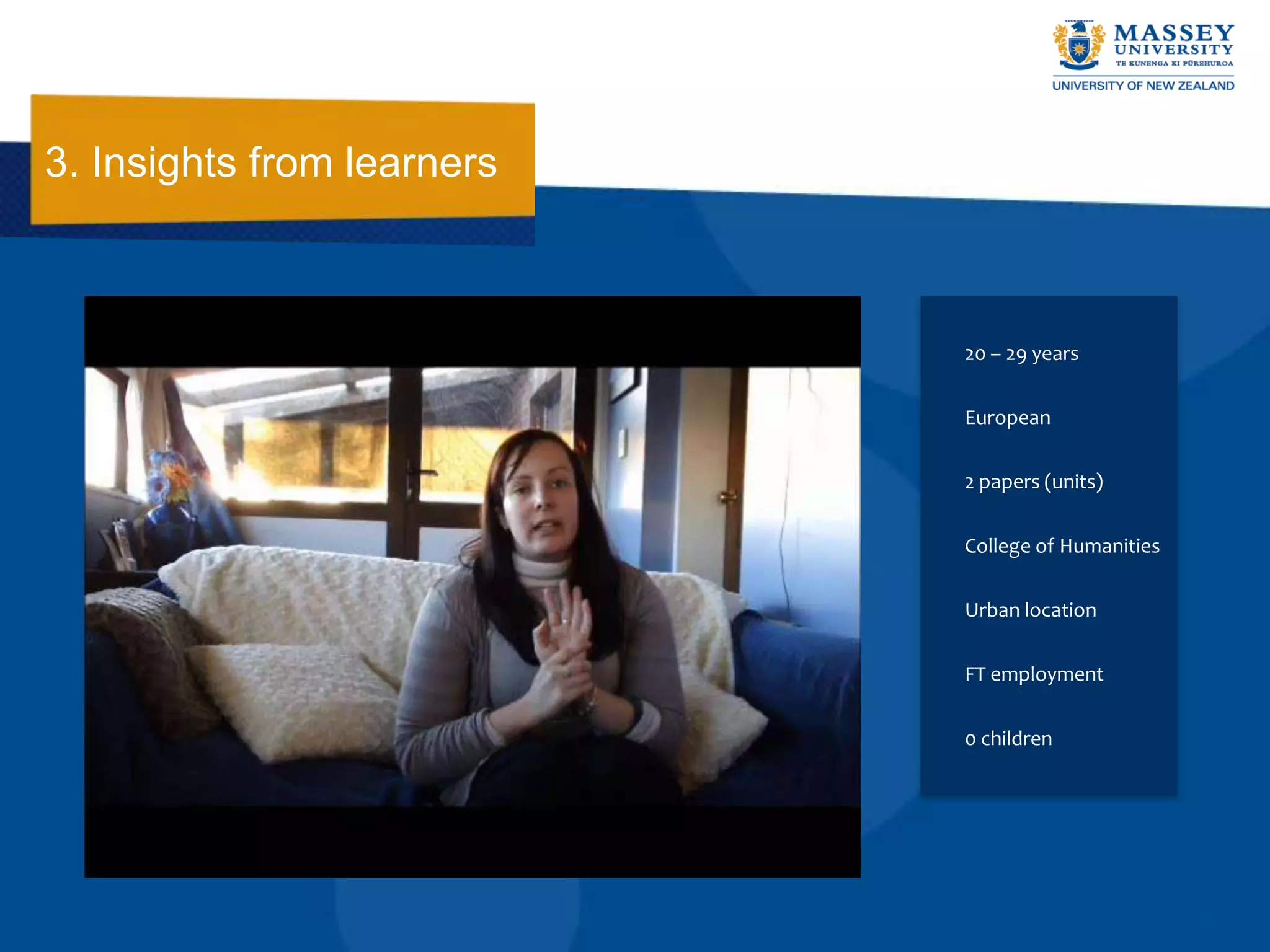 3. Insights from learners



                            20 – 29 years


                            European


                            2 papers (units)


                            College of Humanities


                            Urban location


                            FT employment


                            0 children
 