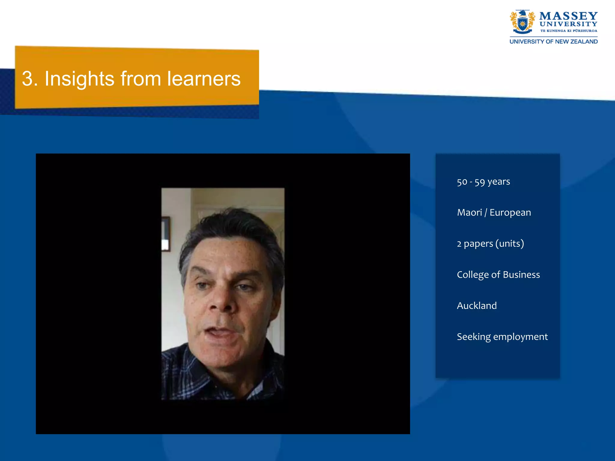 3. Insights from learners



                            50 - 59 years


                            Maori / European


                            2 papers (units)


                            College of Business


                            Auckland


                            Seeking employment
 