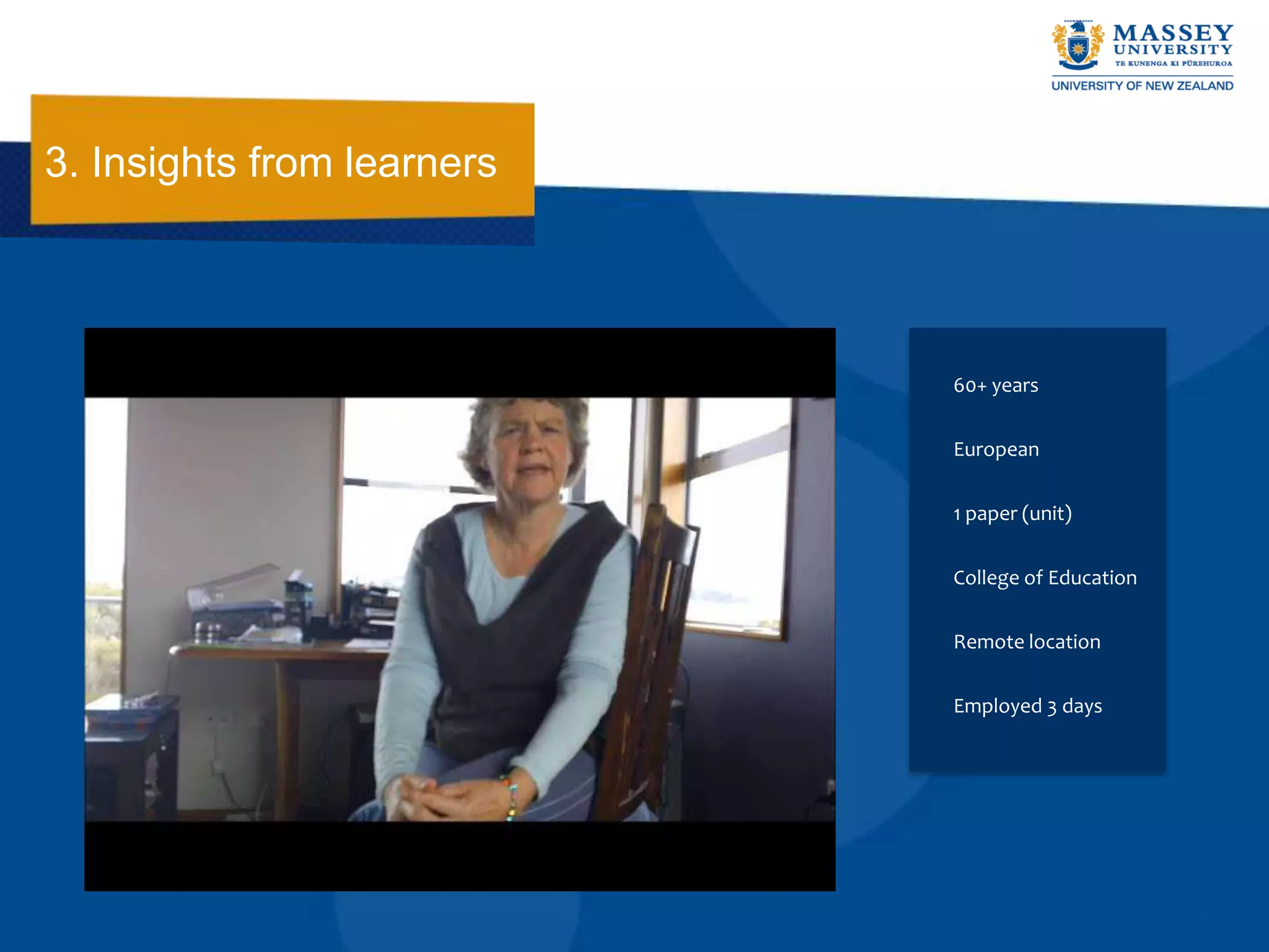 3. Insights from learners




                            60+ years


                            European


                            1 paper (unit)


                            College of Education


                            Remote location


                            Employed 3 days
 