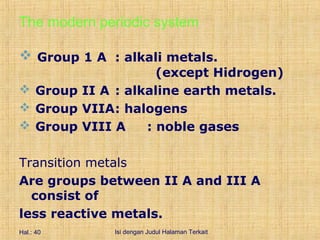 The modern periodic system

 Group 1 A : alkali metals.
                    (except Hidrogen)
 Group II A : alkaline earth metals.
 Group VIIA: halogens
 Group VIII A    : noble gases

Transition metals
Are groups between II A and III A
  consist of
less reactive metals.
Hal.: 40     Isi dengan Judul Halaman Terkait
 