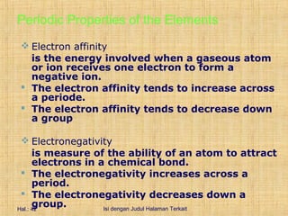 Periodic Properties of the Elements
 Electron affinity
  is the energy involved when a gaseous atom
  or ion receives one electron to form a
  negative ion.
 The electron affinity tends to increase across
  a periode.
 The electron affinity tends to decrease down
  a group

  Electronegativity
      is measure of the ability of an atom to attract
      electrons in a chemical bond.
  The electronegativity increases across a
      period.
  The electronegativity decreases down a
      group.
Hal.: 42            Isi dengan Judul Halaman Terkait
 