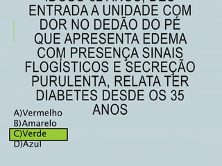 IDOSO 82 ANOS, DEU
ENTRADA A UNIDADE COM
DOR NO DEDÃO DO PÉ
QUE APRESENTA EDEMA
COM PRESENÇA SINAIS
FLOGÍSTICOS E SECREÇÃO
PURULENTA, RELATA TER
DIABETES DESDE OS 35
ANOSA)Vermelho
B)Amarelo
C)Verde
D)Azul
 