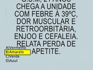 G.S.M, 21 ANOS
CHEGA A UNIDADE
COM FEBRE À 39ºC,
DOR MUSCULAR E
RETROORBITÁRIA,
ENJOO E CEFALEIA.
RELATA PERDA DE
APETITE.
A)Vermelho
B)Amarelo
C)Verde
D)Azul
 