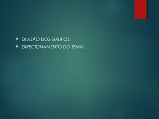  DIVISÃO DOS GRUPOS;
 DIRECIONAMENTO DO TEMA;
 