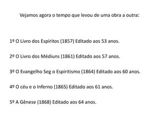 Vejamos agora o tempo que levou de uma obra a outra:
1º O Livro dos Espíritos (1857) Editado aos 53 anos.
2º O Livro dos Médiuns (1861) Editado aos 57 anos.
3º O Evangelho Seg o Espiritismo (1864) Editado aos 60 anos.
4º O céu e o Inferno (1865) Editado aos 61 anos.
5º A Gênese (1868) Editado aos 64 anos.
 