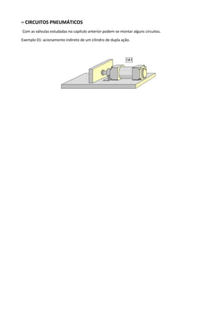 – CIRCUITOS PNEUMÁTICOS
Com as válvulas estudadas no capítulo anterior podem-se montar alguns circuitos.
Exemplo 01: acionamento indireto de um cilindro de dupla ação.
 