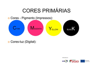 CORES PRIMÁRIAS
Cores - Pigmento (Impressos):
Cores-luz (Digital):
CYAN MAGENTA YELLOW BLACK
 