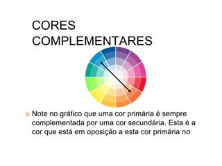 CORES
COMPLEMENTARES
Note no gráfico que uma cor primária é sempre
complementada por uma cor secundária. Esta é a
cor que está em oposição a esta cor primária no
 