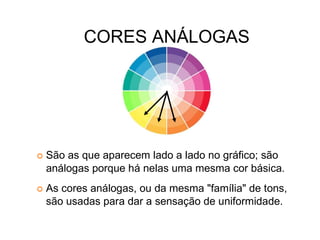 São as que aparecem lado a lado no gráfico; são
análogas porque há nelas uma mesma cor básica.
As cores análogas, ou da mesma "família" de tons,
são usadas para dar a sensação de uniformidade.
CORES ANÁLOGAS
 
