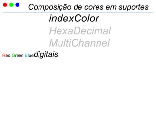 Composição de cores em suportes
indexColor
HexaDecimal
MultiChannel
Red Green Bluedigitais
 