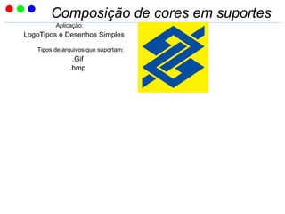 Composição de cores em suportes
Aplicação:
LogoTipos e Desenhos Simples
Tipos de arquivos que suportam:
.Gif
.bmp
 