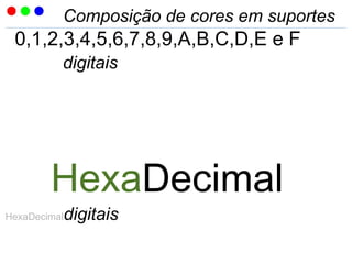 Composição de cores em suportes
0,1,2,3,4,5,6,7,8,9,A,B,C,D,E e F
digitais
HexaDecimal
HexaDecimaldigitais
 