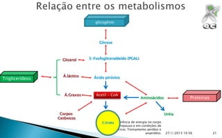 glicogênio




                                    Glicose



                   Glicerol    3-Fosfogliceraldeído (PGAL)



                   Á.láctico     Ácido pirúvico
Triglicerídeos


                    Á.Graxos      Acetil - CoA
                                                              Aminoácidos                   Proteínas


                  Corpos                                                       Uréia
                 Cetônicos
                                           Transferência de energia no corpo
                                      C.Krebs
                                              em repouso e em condições de
                                            exercício; Treinamento aeróbio e
                                                                  anaeróbio;   27/1/2013 10:56          21
 