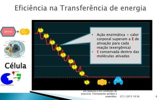glicose   + O2   E

                     E                                 •    Ação enzimática + calor
                                                            corporal superam a E de
                         E
                                                            ativação para cada
                             E                              reação (exergônica)
                                                       •    E conservada dentro das
                                 E
                                                            moléculas ativadas
                                     E

Célula                                   E

                                              E


                                                                            H2O
                                                  E          CO2     +
                                             Transferência de energia no corpo
                                                em repouso e em condições de
                                              exercício; Treinamento aeróbio e
                                                                    anaeróbio;   27/1/2013 10:56   6
 