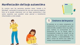 Manifestación del bajo autoestima
Es común que las personas puedan tener “miedo a la
felicidad”, causando la sensación de una voz interna negativa.
Esto se lo puede relacionar con un bajo autoestima y hay
varios aspectos que pueden estar parcial o totalmente
relacionados a este estado:
1 Síndrome del impostor
La persona no se siente competente en
comparación con la percepción que otros
tienen de ellos, establece metas muy altas y
sentim iento de ser un fraude, débil
poco realistas. Es acom pañado de un
e
incompetente incapaz de cumplir con las
expectativas. No se siente capaz de tomar
nuevos desafíos y responsabilidades y lo
lleva a actuar de manera que valida sus
miedos, eventualmente perjudicándose.
 
