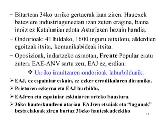 – Bitartean 34ko urriko gertaerak izan ziren. Hauexek
  batez ere industriaguneetan izan zuten eragina, baina
  inoiz ez Katalunian edota Asturiasen bezain handia.
– Ondorioak: 41 hildako, 1600 inguru aitxilotu, alderdien
  egoitzak itxita, komunikabideak itxita.
– Oposizioak, indartzeko asmotan, Frente Popular eratu
  zuten. EAE-ANV sartu zen, EAJ ez, erdian.
        Urriko iraultzaren ondorioak laburbildurik:
 EAJ, ez espainiar eskuin, ez ezker erradikalaren dinamika.
 Prietoren ezkerra eta EAJ hurbildu.
 EAJren eta espainiar eskiniaren arteko haustura.
 36ko hauteskundeen atarian EAJren etsaiak eta “lagunak”
  bestaelakoak ziren hortaz 31eko hauteskudeekiko        13
 