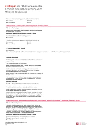 1501116 Escola Básica Pedro Nunes, Alcácer do Sal
2017/05/02 15:20:48
4/5
Professores bibliotecários do Agrupamento de Escolas de Alcácer do Sal.
2013/9/16Data de início
2014/7/4Data de conclusão
C.3 Envolvimento e mobilização dos pais, encarregados de educação e famílias.
Ações de melhoria a implementar
Realizar o envio por email aos Pais e Encarregados de Educação da Newsletter
das Bibliotecas do Agrupamento.
Instrumentos de avaliação/ indicadores de execução a utilizar
Newsletter das Bibliotecas Escolares do Agrupamento.
Responsáveis
Professores bibliotecários do Agrupamento de Escolas de Alcácer do Sal.
2014/1/6Data de início
2014/7/4Data de conclusão
D. Gestão da biblioteca escolar
Plano de melhoria
Nota: o processo de submissão do Plano de melhoria é irreversível, pelo que se recomenda a sua verificação antes de efetuar o procedimento.
Problemas identificados
Desatualização do fundo documental da biblioteca Pedro Nunes, ao nível do pré-
escolar e 1º ciclo.
Falta de uma coleção atual de e-books na BE.
Acesso lento dos computadores da BE à Internet, devido à sua antiguidade e
desatualização dos sistemas operativos.
Não foi realizada até ao momento a catalogação do fundo documental
proveniente da Escola nº1 do Morgadinho, desativada, cujas monografias
pertencem atualmente à BECRE Pedro Nunes.
Não foi realizada a fusão do catálogo da EB nº 1 da Comporta com o catálogo da
EB Pedro Nunes.
Falta de meios materiais na BE Pedro Nunes nomeadamente uma impressora
com placa de rede e um ou dois Tablets para motivar a leitura de alunos com
necessidades educativas especiais.
Resultados esperados
Aquisição e utilização de fundo documental para o pré-escolar e 1º ciclo.
Aumento da qualidade dos e-books, da coleção da biblioteca escolar.
Upload ou lançamento na área de gestão dos catálogos bibliográficos online, do
ISO do catálogo da escola nº1 da Comporta.
Catálogo online mais completo e organizado ao nível da colocação dos campos
de indexação nas monografias da coleção, através do módulo de catalogação.
Catalogação de 10 a 20 monografias, diáriamente implicando em 51 dias do 3º
período letivo, de 22 de Abril a 4 de Julho de 2013, a catalogação de cerca de
510 monografias.
D.1 Recursos humanos, materiais e financeiros adequados às necessidades de gestão, funcionamento e dinamização da biblioteca escolar.
Ações de melhoria a implementar
Prioridade 1: Ajuda no trabalho da BE, de um voluntário sénior, ao nível da
organização (da verificação de registos duplicados e monografias sem registo);
Prioridade2: Classificação, Catalogação e colocação de Cotas, ainda por realizar
em várias monografias das classes da coleção da BECRE Pedro Nunes;
Prioridade 3: Melhoria da Sinalética da BECRE Pedro Nunes;
Prioridade4: Canalizar recursos financeiros para a compra de monografias, no
sentido de enriquecer a coleção e de melhoria nas atividades.
Instrumentos de avaliação/ indicadores de execução a utilizar
O catálogo online(http://portal.aeas.pt/index.php/base-de-dados).
Exposição e apresentação do espaço da BE.
Responsáveis
 