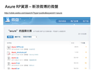 Axure RP資源 – 新浪微博的微盤
http://vdisk.weibo.com/search/?type=publickeyword=+axure
 