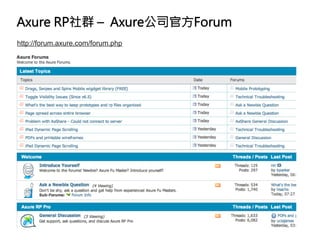 Axure RP社群 – Axure公司官方Forum 
http://forum.axure.com/forum.php
 