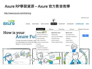 Axure RP學習資源 – Axure 官方影音教學 
http://www.axure.com/training
 