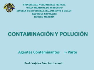UNIVERSIDAD NORORIENTAL PRIVADA
       “GRAN MARISCAL DE AYACUCHO”
ESCUELA DE INGENIERÍA DEL AMBIENTE Y DE LOS
            RECURSOS NATURALES
              NÚCLEO MATURÍN




 Agentes Contaminantes                I- Parte

      Prof. Yajaira Sánchez Leonett
 