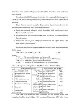 dimasukkan dalam pendekatan biaya ekonomi, tetapi tidak dimasukkan dalam pendekatan
biaya finansial.
Biaya finansial adalah biaya yang diperkirakan oleh pengguna fasilitas transportasi.
Metode RUCM pendekatan biaya finansial digunakan sebagai dasar analisis pembebanan
lalu lintas.
Biaya ekonomi mencoba mengukur biaya sumber daya terhadap ekonomi dan
menambahkan modifikasi dari biaya finansial sebagai berikut:
a. Pajak tidak termasuk sedangkan subsidi dimasukkan sejak transfer pembayaran
berdasarkan nilai ekonomi.
b. Batas harga dasar internasional digunakan untuk menghitung harga ekonomi bahan
bakar kendaraan.
c. Penyesuaian ”shadow price” sering dipakai untuk item-item seperti tenaga kerja
tidak terdidik (unskilled labour).
Persamaan penghitungan biaya operasi kendaraan jenis mobil penumpang metode
RUCM adalah:
VOC = Base VOC x VOCNDX x AADT ...................................... (1.18)
dimana:
VOC
= biaya operasi kendaraan total jenis mobil
Base VOC = biaya operasi kendaraan dasar jenis mobil/1.000 kilometer
VOCNDX = indeks biaya operasi kendaraan jenis mobil
AADT
= volume harian rata-rata tahunan jenis kendaraan mobil
Tabel 1.4. Komponen dan Biaya Satuan BOK Model RUCM 1992 Jenis Mobil

1
2
3
4

BOK Dasar per 1.000 km
Komponen biaya
Koefisien
Konsumsi bahan bakar
95,64 liter
Konsumsi minyak pelumas
2,00 liter
Pemakaian ban
0,08 x harga ban
Nilai waktu crew
9,83 jam

5

Nilai waktu penumpang

6

Pemeliharaan montir

7

Pemeliharaan suku cadang

8

Depresiasi

9

Bunga modal

10

Overhead

No

Biaya Satuan BOK (1.000 Rp)
Komponen harga
Nilai
Bahan bakar/liter
4,50
Minyak pelumas/liter
25,00
Ban baru/buah
320,00
Nilai waktu crew/jam
0,00
Nilai waktu
16,22 jam
0,00
penumpang/jam
1,66 jam Pemeliharaan montir
6,00
0,23% x harga
kendaraan baru Harga kendaraan jenis
146.525
0,29% x harga mobil (baru)
kendaraan baru
0,22% x harga Tingkat suku bunga
15%
kendaraan baru tahunan
0,00 Overhead
0,00

Base VOC jenis kendaraan mobil penumpang per km dihitung dengan cara
mengalikan koefisien dasar BOK per 1.000 km dengan biaya satuan BOK dalam ribuan

 