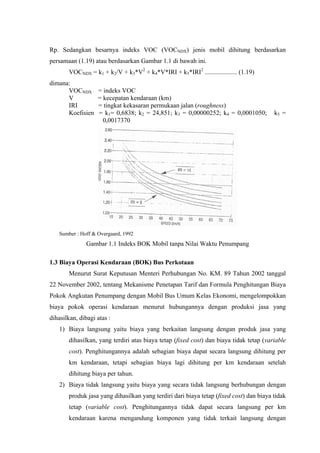 Rp. Sedangkan besarnya indeks VOC (VOCNDX) jenis mobil dihitung berdasarkan
persamaan (1.19) atau berdasarkan Gambar 1.1 di bawah ini.
VOCNDX = k1 + k2/V + k3*V2 + k4*V*IRI + k5*IRI2 .................... (1.19)
dimana:
VOCNDX
V
IRI
Koefisien

= indeks VOC
= kecepatan kendaraan (km)
= tingkat kekasaran permukaan jalan (roughness)
= k1= 0,6838; k2 = 24,851; k3 = 0,00000252; k4 = 0,0001050;
0,0017370

k5 =

Sumber : Hoff & Overgaard, 1992

Gambar 1.1 Indeks BOK Mobil tanpa Nilai Waktu Penumpang
1.3 Biaya Operasi Kendaraan (BOK) Bus Perkotaan
Menurut Surat Keputusan Menteri Perhubungan No. KM. 89 Tahun 2002 tanggal
22 November 2002, tentang Mekanisme Penetapan Tarif dan Formula Penghitungan Biaya
Pokok Angkutan Penumpang dengan Mobil Bus Umum Kelas Ekonomi, mengelompokkan
biaya pokok operasi kendaraan menurut hubungannya dengan produksi jasa yang
dihasilkan, dibagi atas :
1) Biaya langsung yaitu biaya yang berkaitan langsung dengan produk jasa yang
dihasilkan, yang terdiri atas biaya tetap (fixed cost) dan biaya tidak tetap (variable
cost). Penghitungannya adalah sebagian biaya dapat secara langsung dihitung per
km kendaraan, tetapi sebagian biaya lagi dihitung per km kendaraan setelah
dihitung biaya per tahun.
2) Biaya tidak langsung yaitu biaya yang secara tidak langsung berhubungan dengan
produk jasa yang dihasilkan yang terdiri dari biaya tetap (fixed cost) dan biaya tidak
tetap (variable cost). Penghitungannya tidak dapat secara langsung per km
kendaraan karena mengandung komponen yang tidak terkait langsung dengan

 