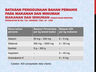 BATASAN PENGGUNAAN BAHAN PEMANIS
PADA MAKANAN DAN MINUMAN
MAKANAN DAN MINUMAN (PERATURAN MENTERI
KESEHATAN RI NO. 722 / MENKES / PER / IX / 1988
Nama bahan
pemanis
Batasan Permenkes
per kg bobot badan
Batasan ADI
per kg makanan
Sakarin 50 mg – 300 mg 0 – 5 mg
Siklamat 500 mg – 3000 mg 0 – 50 mg
Sorbitol 5 g – 300 g -
Aspartam - 0 – 40 mg
Acesulpame K - 0 – 9 mg
Catatan: ADI (aceeptable daily intake)
 