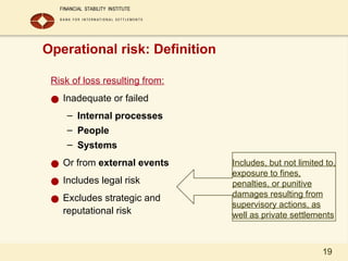 19
Operational risk: Definition
Risk of loss resulting from:
● Inadequate or failed
– Internal processes
– People
– Systems
● Or from external events
● Includes legal risk
● Excludes strategic and
reputational risk
Includes, but not limited to,
exposure to fines,
penalties, or punitive
damages resulting from
supervisory actions, as
well as private settlements
 