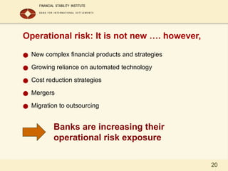 20
Operational risk: It is not new …. however,
● New complex financial products and strategies
● Growing reliance on automated technology
● Cost reduction strategies
● Mergers
● Migration to outsourcing
Banks are increasing their
operational risk exposure
 