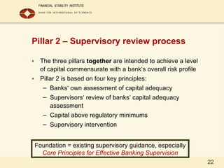 22
Pillar 2 – Supervisory review process
• The three pillars together are intended to achieve a level
of capital commensurate with a bank‘s overall risk profile
• Pillar 2 is based on four key principles:
– Banks‘ own assessment of capital adequacy
– Supervisors‘ review of banks‘ capital adequacy
assessment
– Capital above regulatory minimums
– Supervisory intervention
Foundation = existing supervisory guidance, especially
Core Principles for Effective Banking Supervision
 
