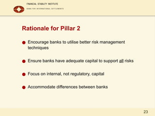 23
Rationale for Pillar 2
● Encourage banks to utilise better risk management
techniques
● Ensure banks have adequate capital to support all risks
● Focus on internal, not regulatory, capital
● Accommodate differences between banks
 