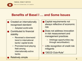 5
Benefits of Basel I … and Some Issues
● Created an internationally
recognised standard
– Adopted world-wide
● Contributed to financial
stability
– Reversed a downward
trend in international
banks’ capital levels
– Promoted level playing
field among
internationally-active
banks
● Relatively simple
● Capital requirements not
always reflective of economic
risk
● Does not address innovation
in risk measurement and
management practices
– Arbitrage opportunities (eg
through securitisation)
• Little recognition of credit risk
mitigants
● “OECD Club-Rule”
 