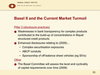55
Basel II and the Current Market Turmoil
Pillar 3 (disclosure practices)
● Weaknesses in bank transparency for complex products
contributed to the build-up of concentrations in illiquid
structured credit products
● Enhanced disclosures relating to (2009)…
– Complex securitisation exposures
– ABCP conduits
– Sponsorship of off-balance sheet vehicles (eg SIVs)
Other
● The Basel Committee will assess the level and cyclicality
of capital requirements over time (2008)
 