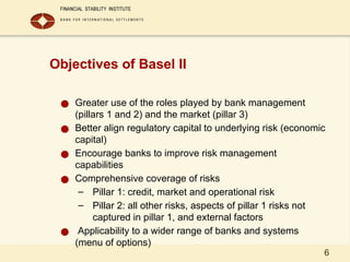 6
Objectives of Basel II
● Greater use of the roles played by bank management
(pillars 1 and 2) and the market (pillar 3)
● Better align regulatory capital to underlying risk (economic
capital)
● Encourage banks to improve risk management
capabilities
● Comprehensive coverage of risks
– Pillar 1: credit, market and operational risk
– Pillar 2: all other risks, aspects of pillar 1 risks not
captured in pillar 1, and external factors
● Applicability to a wider range of banks and systems
(menu of options)
 