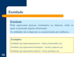 12
Entidade
Entidade
Pode representar pessoas, instituições ou objectos, sobre os
quais se pretende registar informação.
As entidades são compostas ou caracterizadas por atributos.
Exemplos:
Entidades que representam pessoas – alunos, funcionários, etc.
Entidades que representam instituições – escolas, empresas, etc.
Entidades que representam objectos – livros, produtos, etc.
 