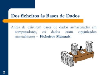 2
Dos ficheiros às Bases de Dados
Antes de existirem bases de dados armazenadas em
computadores, os dados eram organizados
manualmente – Ficheiros Manuais.
 