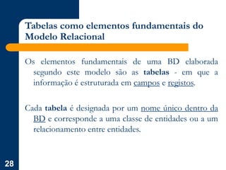 28
Tabelas como elementos fundamentais do
Modelo Relacional
Os elementos fundamentais de uma BD elaborada
segundo este modelo são as tabelas - em que a
informação é estruturada em campos e registos.
Cada tabela é designada por um nome único dentro da
BD e corresponde a uma classe de entidades ou a um
relacionamento entre entidades.
 