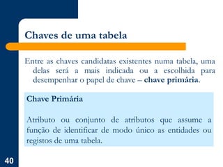 40
Chaves de uma tabela
Entre as chaves candidatas existentes numa tabela, uma
delas será a mais indicada ou a escolhida para
desempenhar o papel de chave – chave primária.
Chave Primária
Atributo ou conjunto de atributos que assume a
função de identificar de modo único as entidades ou
registos de uma tabela.
 
