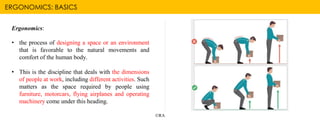 ERGONOMICS: BASICS
©RA
Ergonomics:
• the process of designing a space or an environment
that is favorable to the natural movements and
comfort of the human body.
• This is the discipline that deals with the dimensions
of people at work, including different activities. Such
matters as the space required by people using
furniture, motorcars, flying airplanes and operating
machinery come under this heading.
 